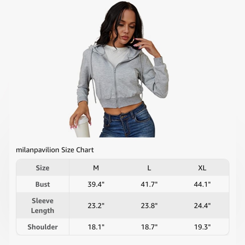 Milanpavilion Zip Up Cropped Grey Drawstring Hoodie Jacket Casual Long Sleeve - Picture 3 of 15